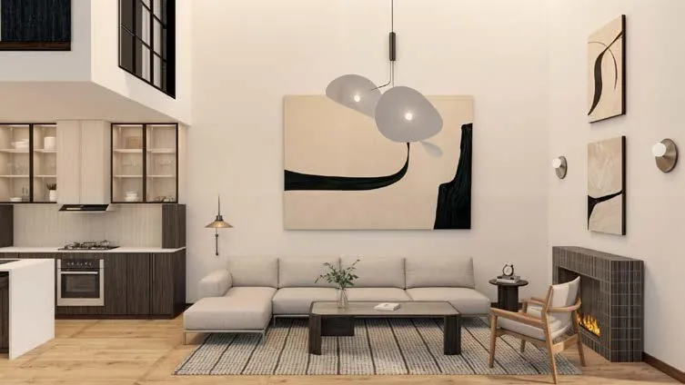 Sala de doble altura con cocina abierta